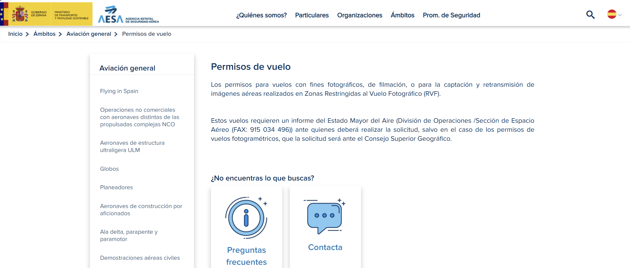 Imagen de permisos de la página de AESA